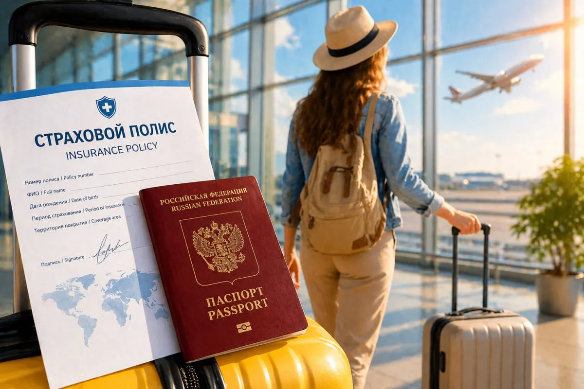 Туристическая страховка и паспорт на фоне карты России