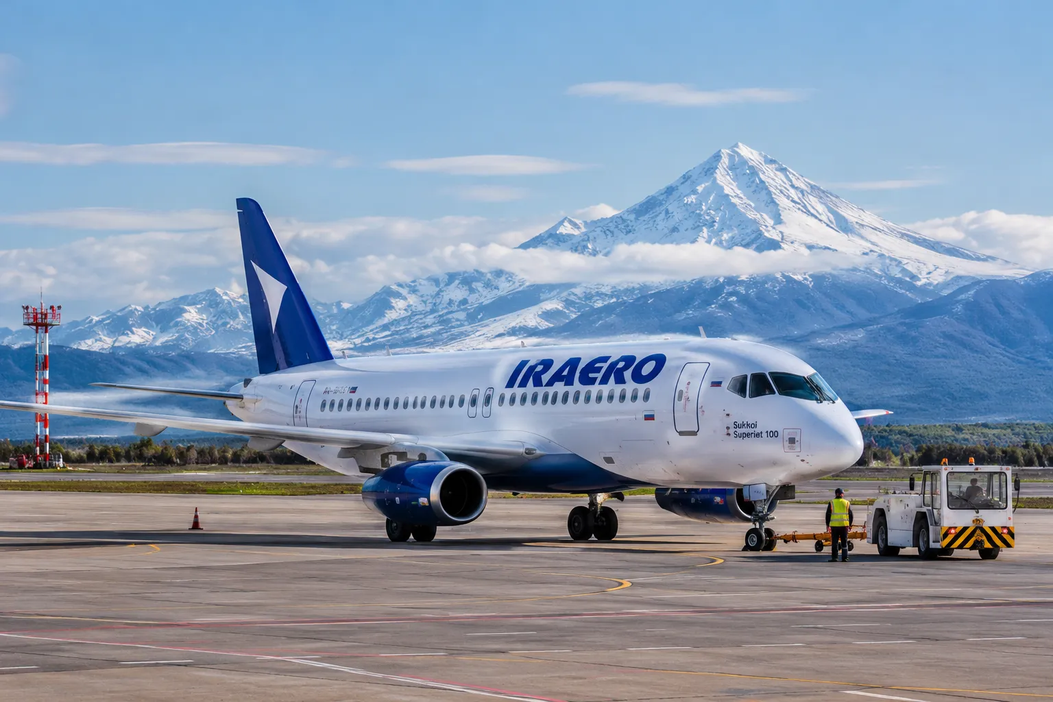 Sukhoi Superjet 100 авиакомпании «ИрАэро» в аэропорту Петропавловска-Камчатского перед первым рейсом в Харбин
