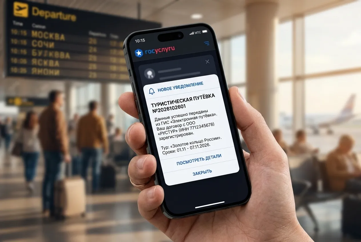 Портал «Госуслуги» на экране смартфона с уведомлением о турпутёвке